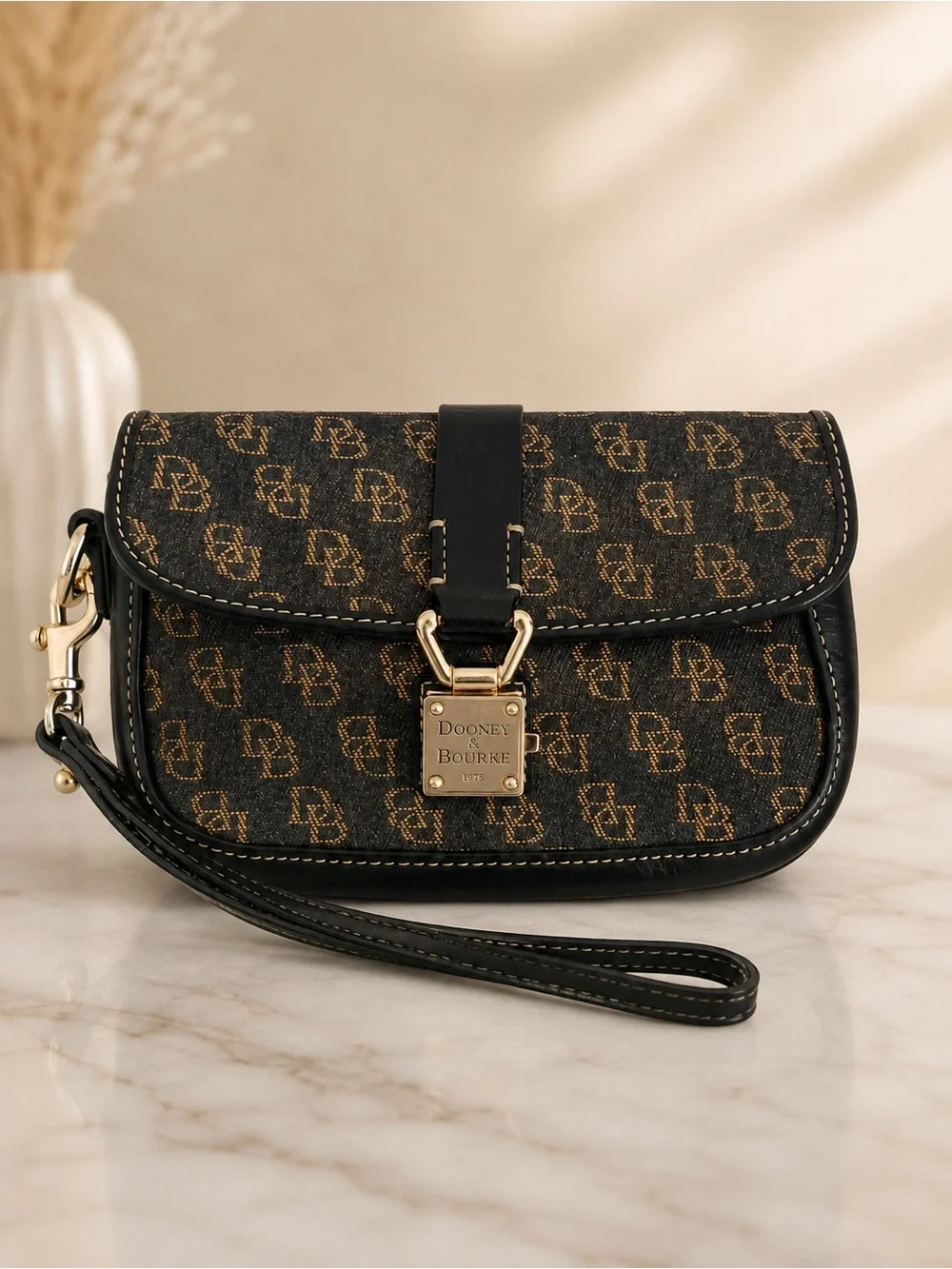 Dooney & Bourke Signature DB Canvas Leather Wristlet Clutch Bag Brown Black